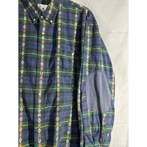 Vintage Shirt Mens Large Blue Plaid Aztec Button Elbow Patch Western Green - Picture 6 of 10